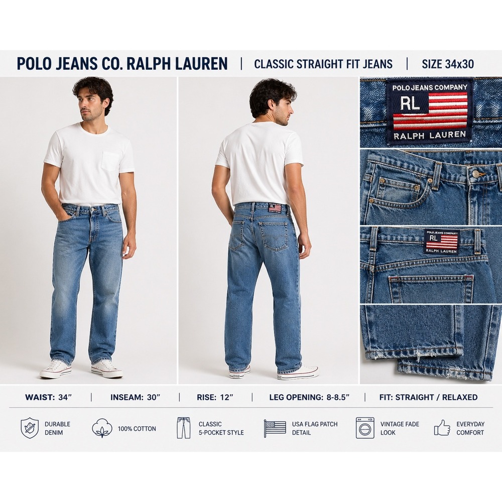 Polo Jeans Co Ralph Lauren Mens 34x30 Classic Straight Fit Blue Denim Vintage
